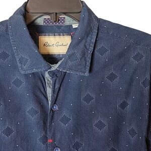 Robert Graham Button Down Shirt Mens XL Blue Geometric Tailored Fit Long Sleeve